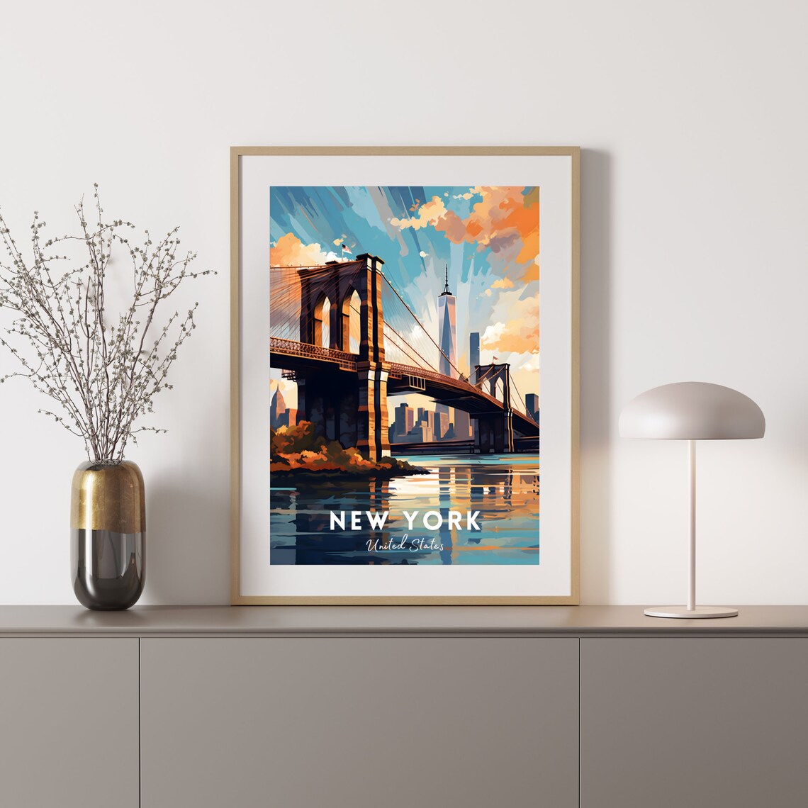 New York United States Brooklyn Bridge Skyline Retro Travel Poster - Image 2
