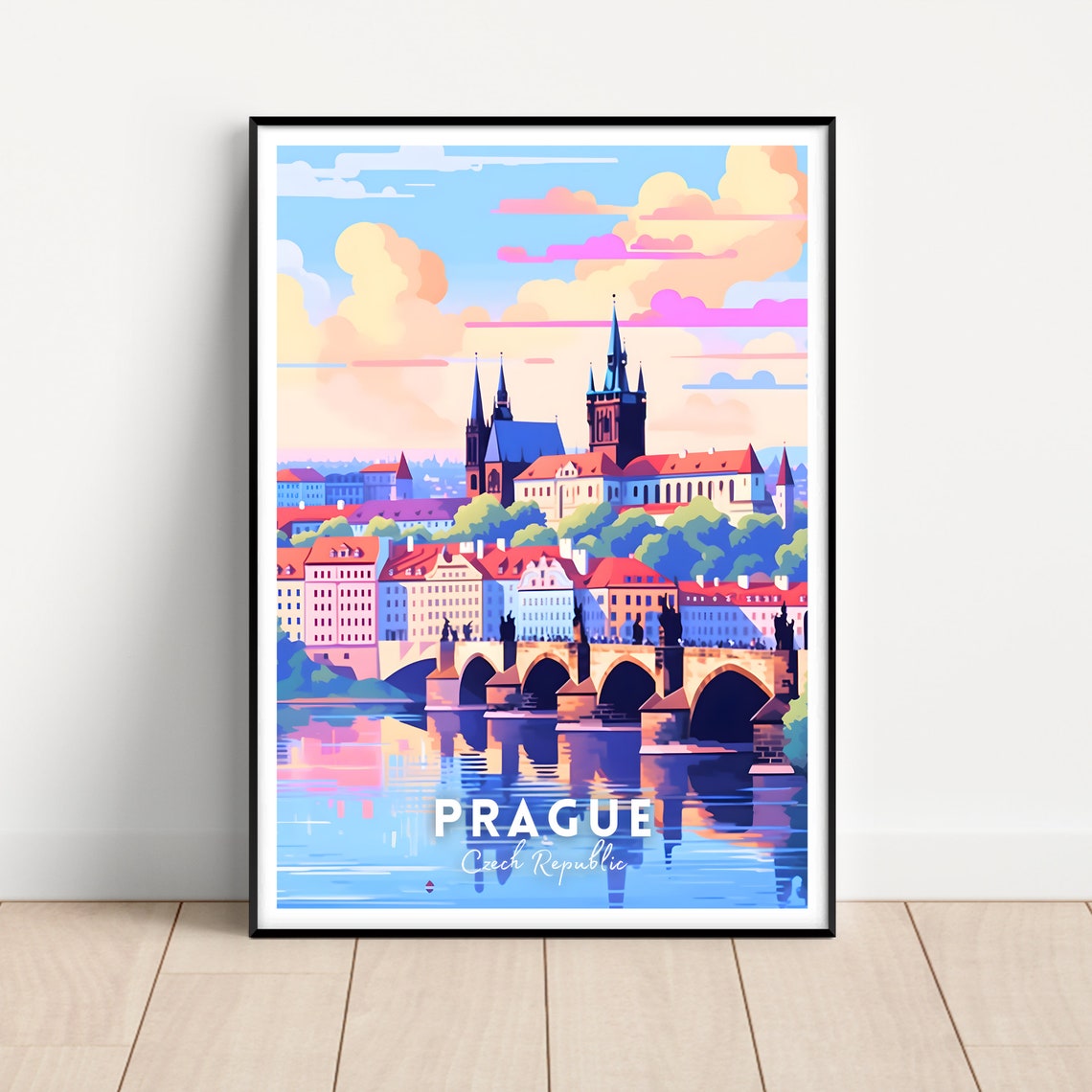 Prague Czech Republic Charles Bridge Scenic Retro Travel Poster