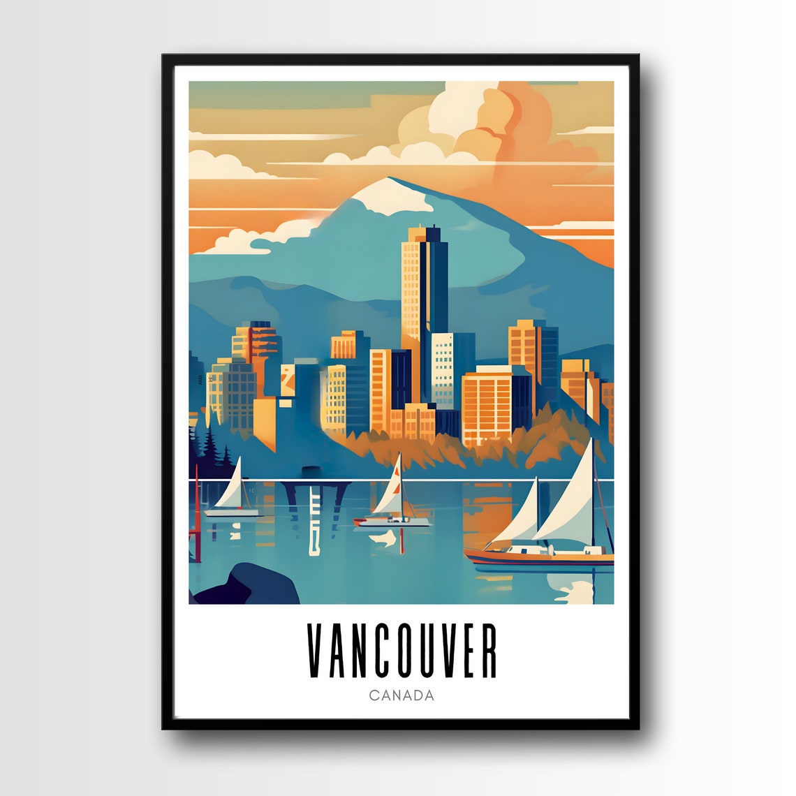 Vancouver Canada Skyline Sailboat Harbor Snow Mountain Travel Poster