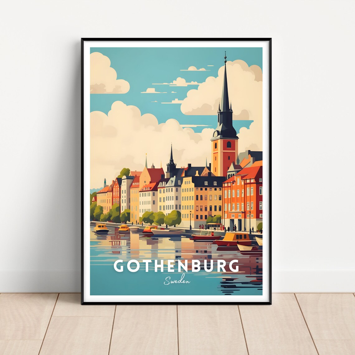 Gothenburg Sweden Canal Church Tower Waterfront Travel Poster