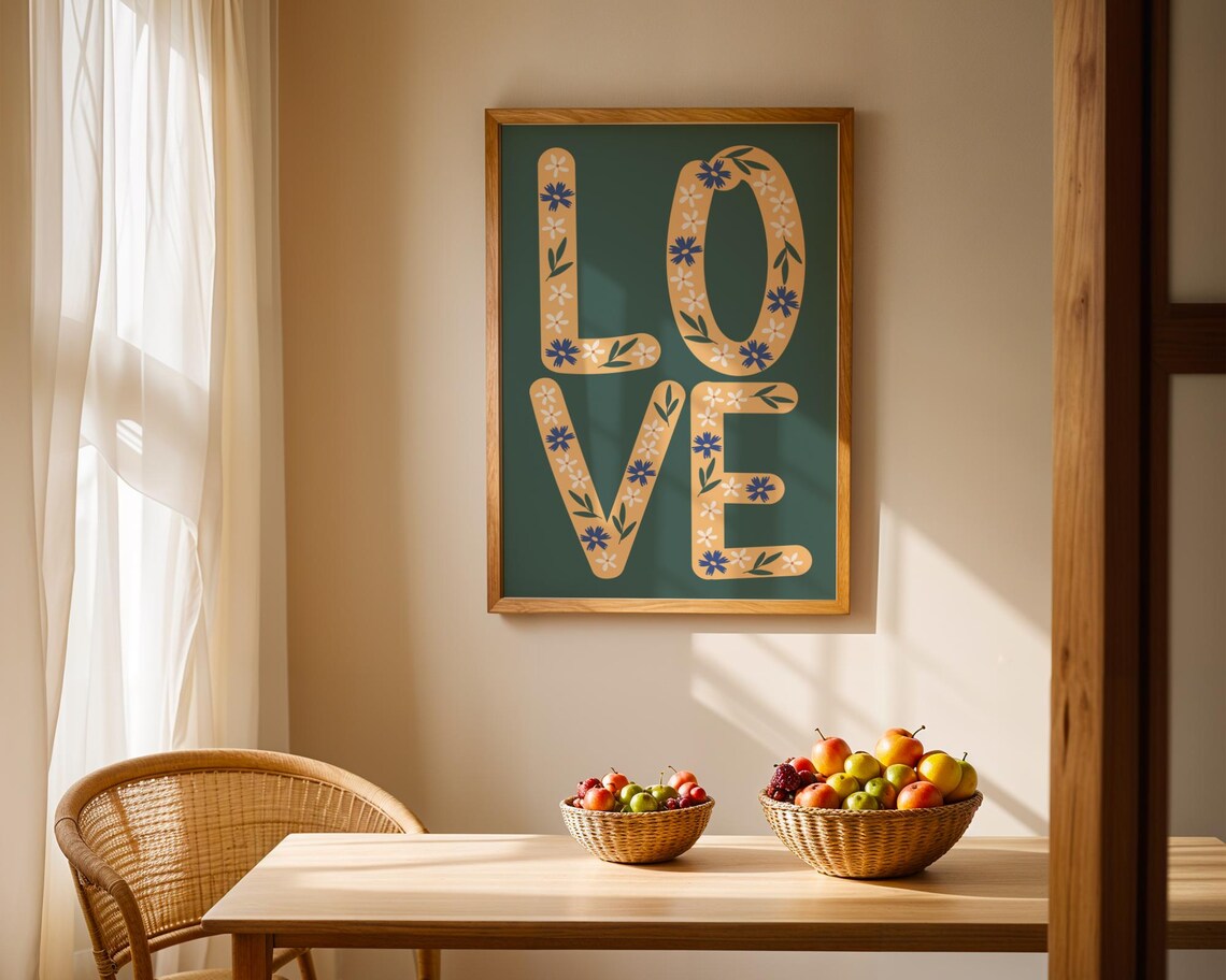 LOVE Floral Letter Boho Typography Green Gold Retro Wall Art Print - Image 2