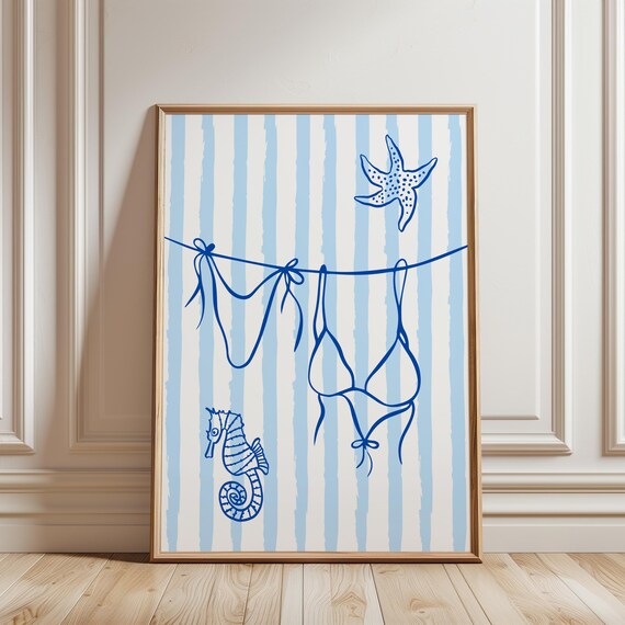 Coastal Blue Striped Bikini Clothesline Starfish Summer Beach Wall Art Print