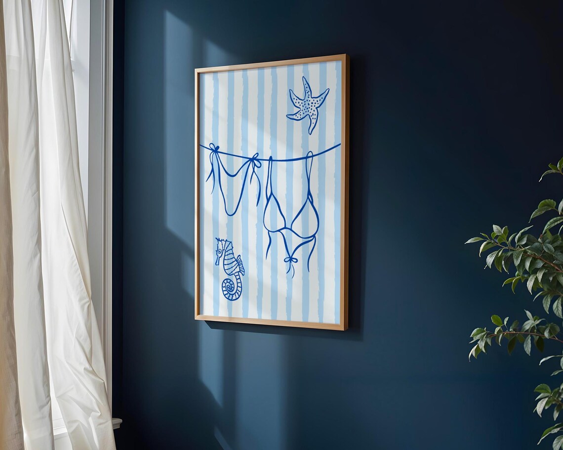 Coastal Blue Striped Bikini Clothesline Starfish Summer Beach Wall Art Print - Image 2