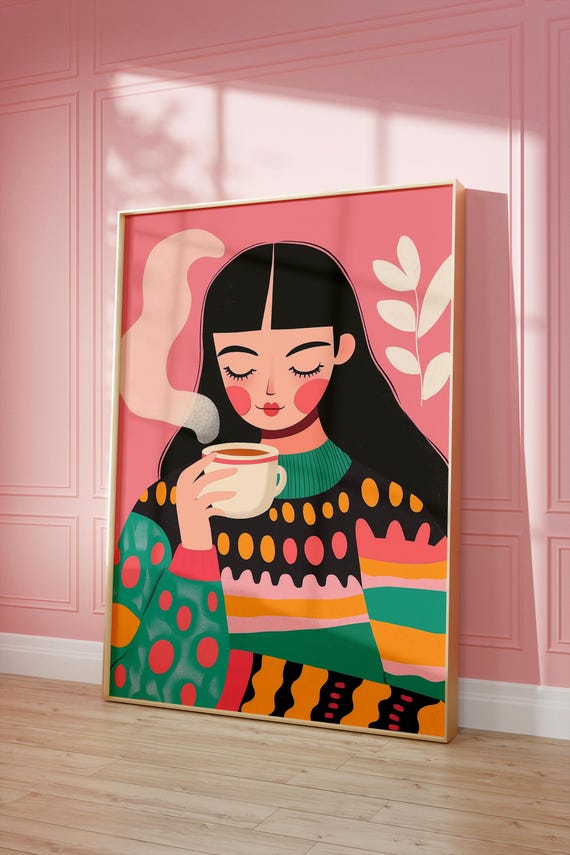 Modern Cozy Wall Art Pastel Illustration Of Woman With Coffee Boho Minimalist Art Instant