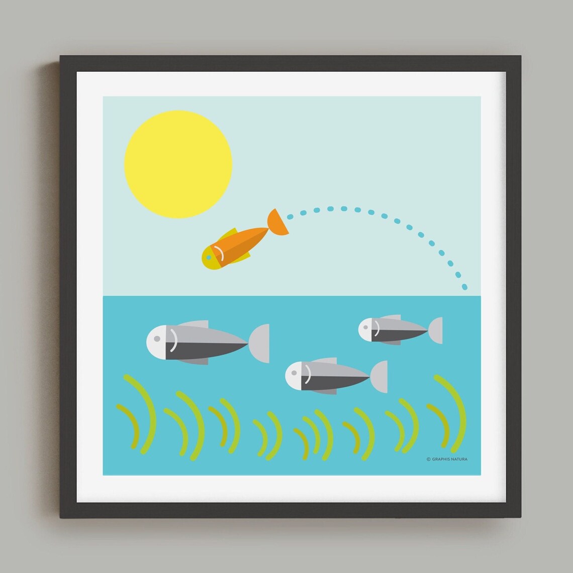 Jumping Orange Fish and Sun Over Turquoise Water Wildlife Poster - Image 5