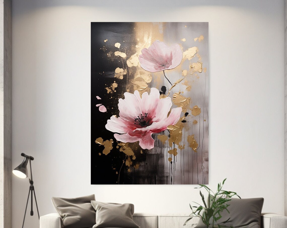 Pink Poppies On Black With Gold Splatter Abstract Floral Art Poster