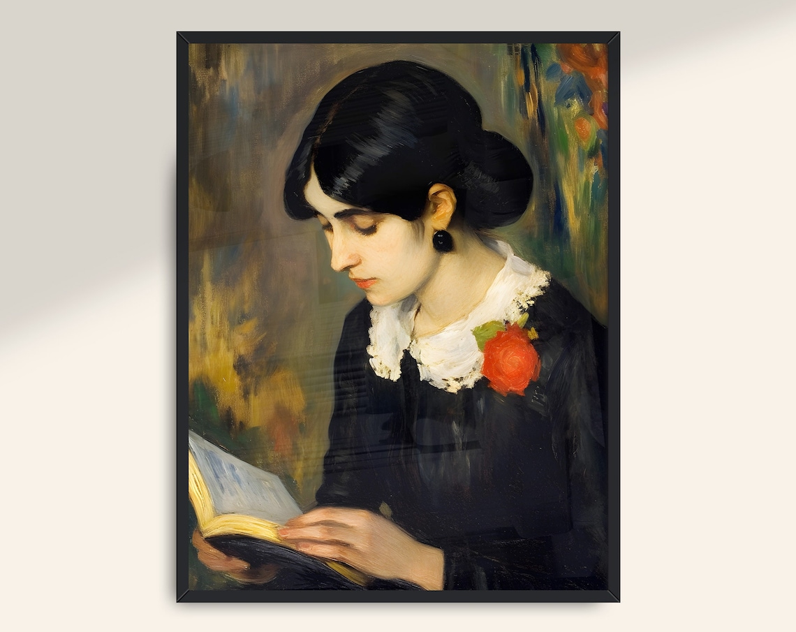 Woman Reading Book White Lace Collar Vintage Impressionist Poster