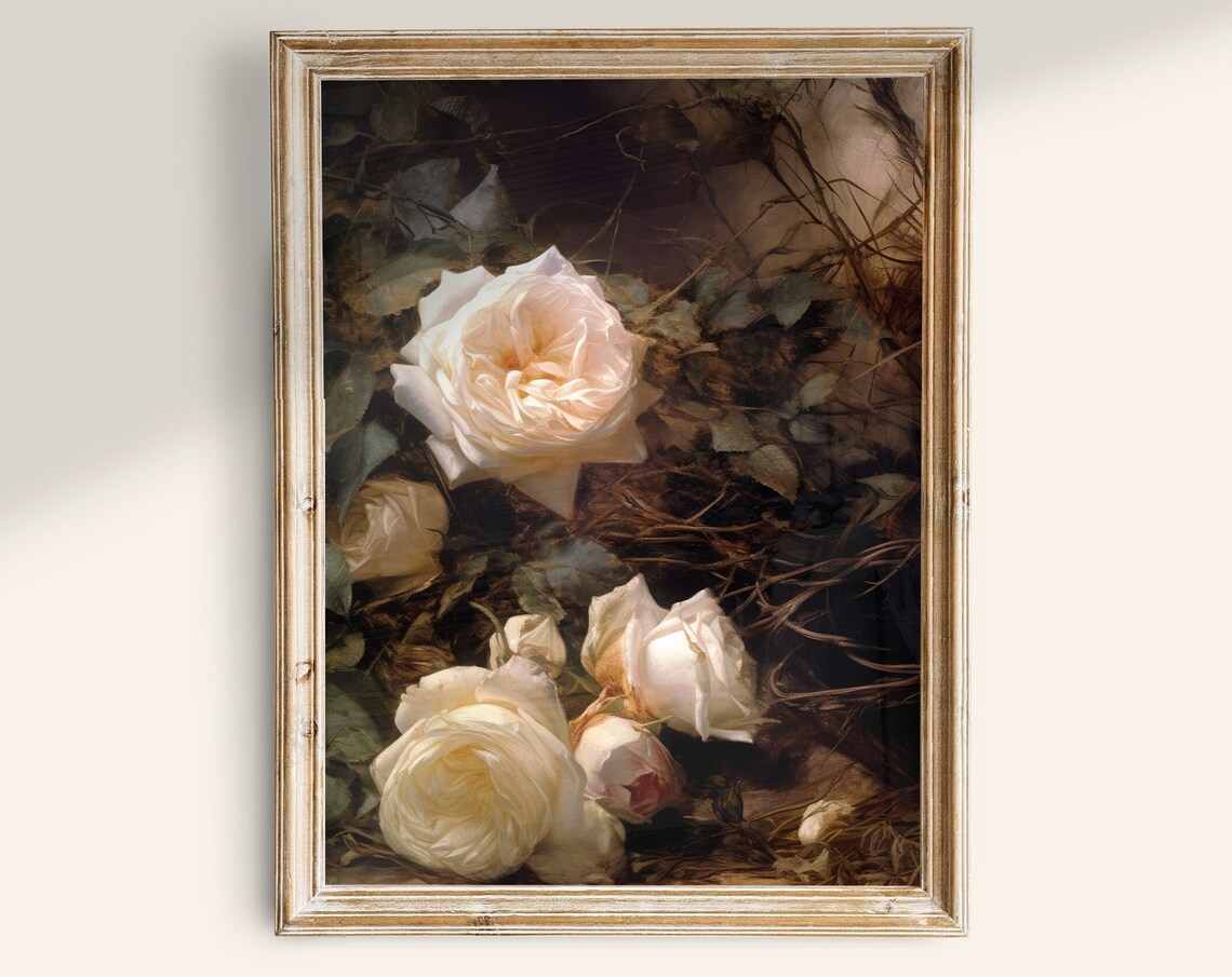 Moody Flower Vintage Painting, Dark Botanical Decor