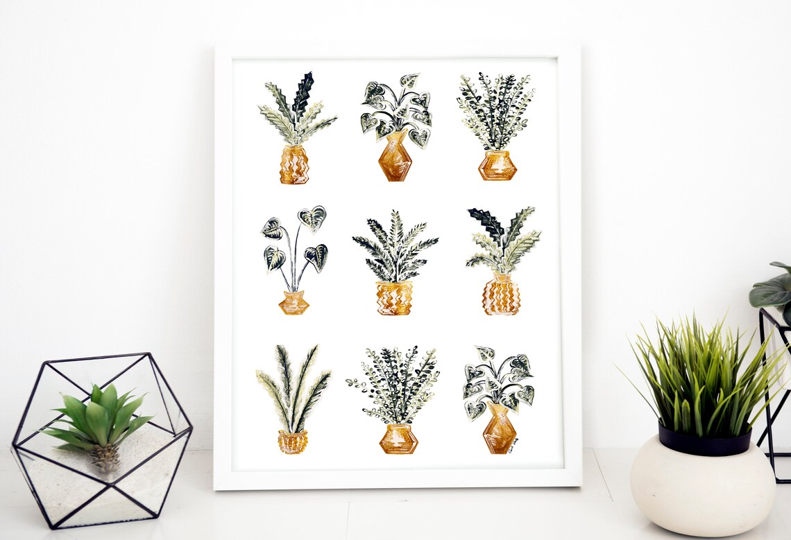 Grid of Nine Potted Houseplants Botanical Watercolor Wall Poster - Image 2