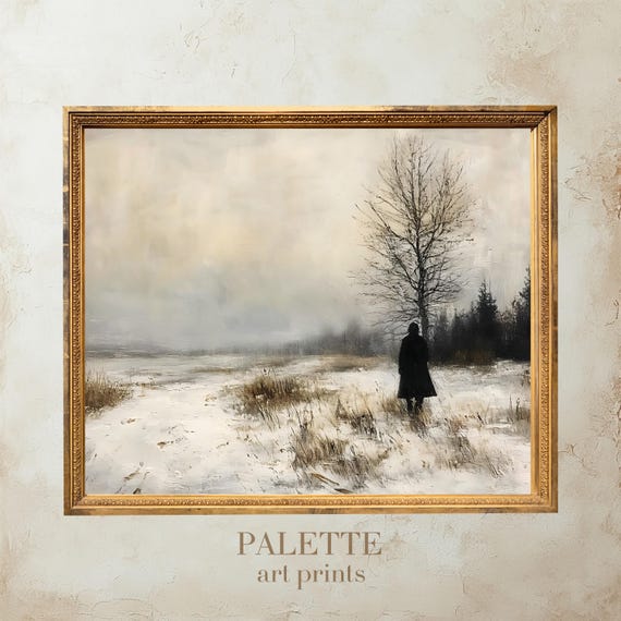 Solitary Figure In Winter Field Art Print Atmospheric Winter Landscape Moody Wall Art Winter Wanderer Wnt032