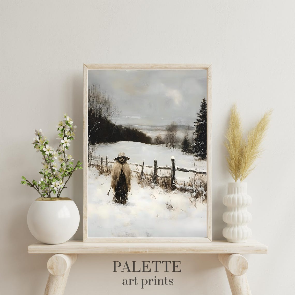 Winter Scarecrow Snowy Field Rustic Fence Moody Farm Painting Poster - Image 3
