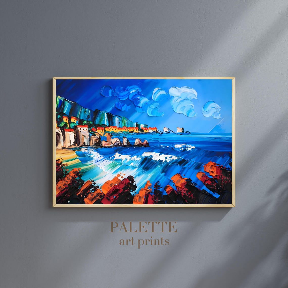 Blue Coastal Town Cliffs Above Crashing Waves Impasto Art Poster - Image 3
