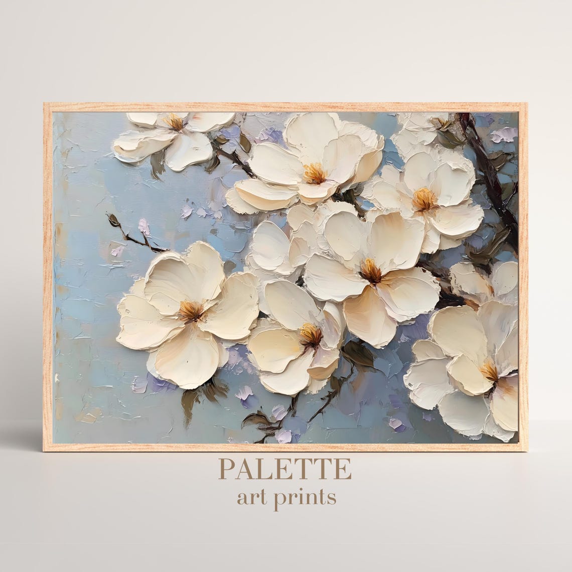 White Blossom Branch Pale Blue Impasto Spring Floral Painting Poster - Image 3