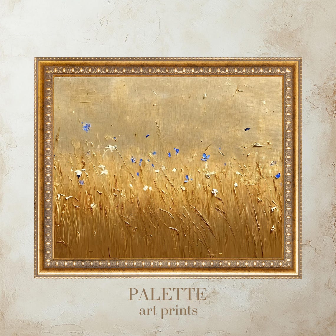 Golden Wheat Field Blue Cornflower Impasto Rustic Harvest Print - Image 3