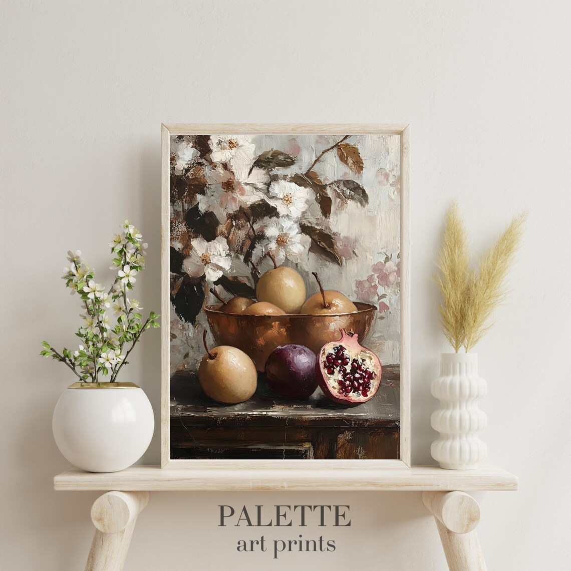 Pear Pomegranate Copper Bowl Blossom Vintage Still Life Print - Image 3