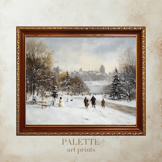 Peaceful Snowy Park with Snowmen Winter Stroll City Scene Poster