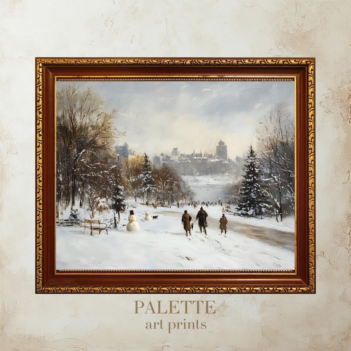 Peaceful Snowy Park with Snowmen Winter Stroll City Scene Poster