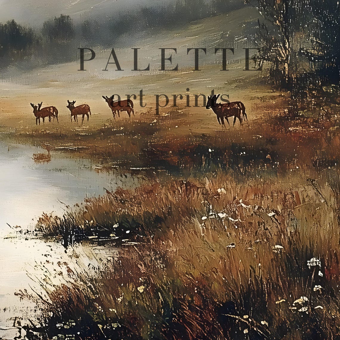 Deer by Misty River Valley Golden Vintage Wildlife Landscape Poster - Image 2