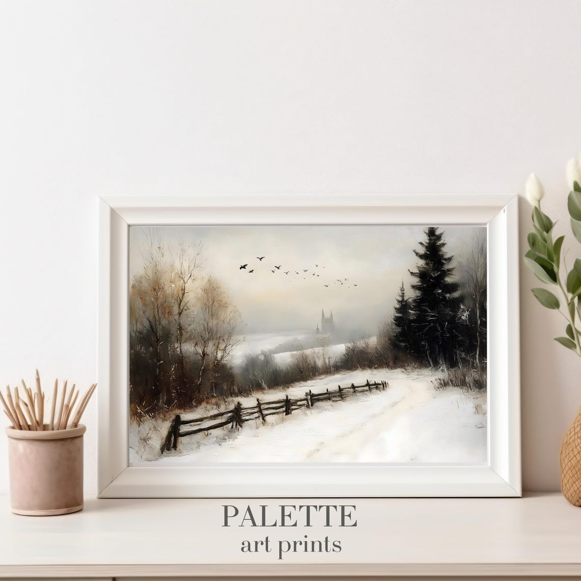 Snowy Countryside Path Winter Bird Flock Rustic Landscape Print - Image 3