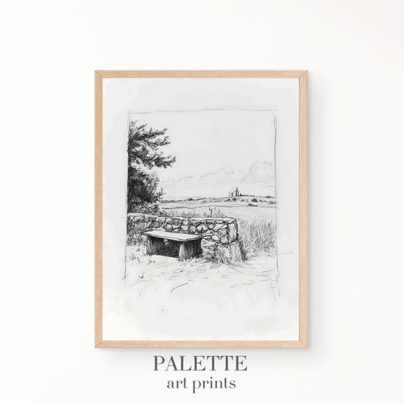 Rustic Bench With Stone Wall Pencil Sketch Minimalist Black White Landscape Artwork For Countryside Inspired Tranquil Wall Decor Skt009