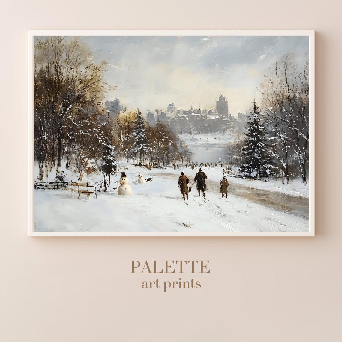 Peaceful Snowy Park with Snowmen Winter Stroll City Scene Poster - Image 3
