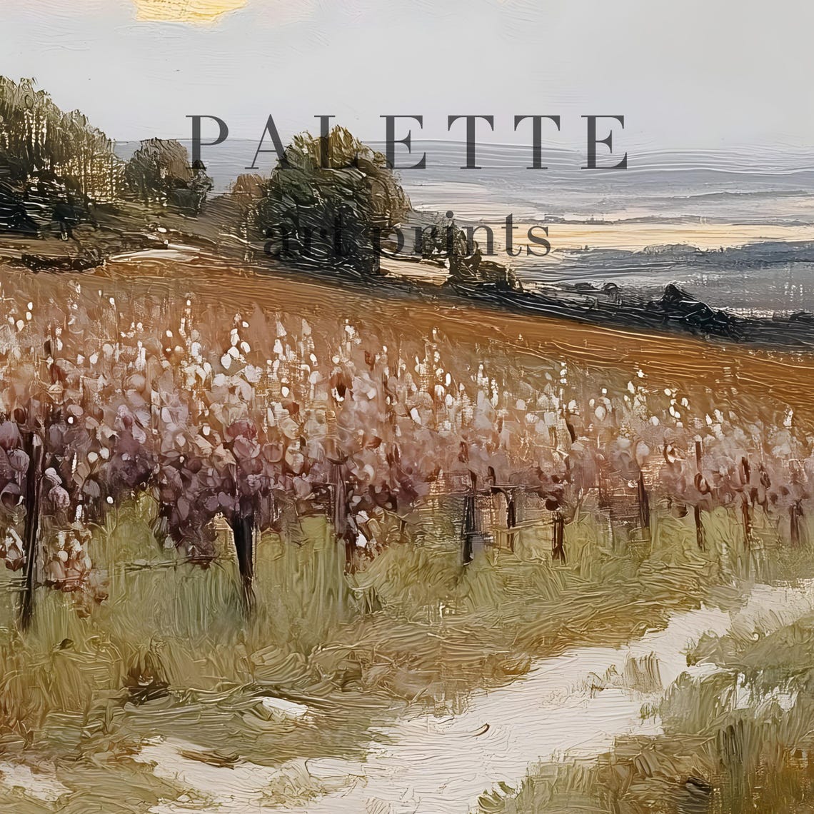 Lavender Hills Farmhouse Vineyard Rows Sunset Countryside Poster - Image 3