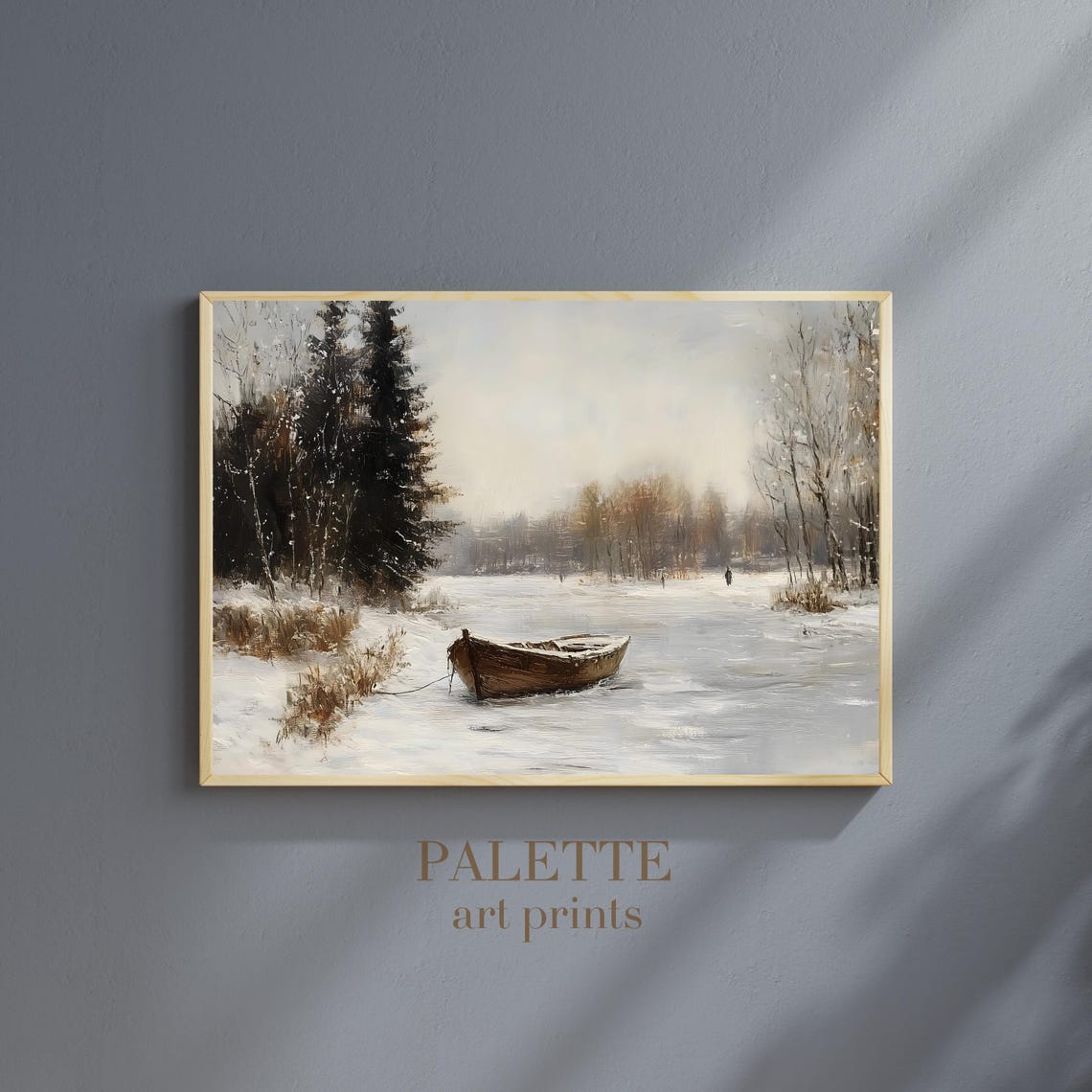 Rustic Boat Resting On A Frozen Winter Lake Snowy Forest Poster - Image 3