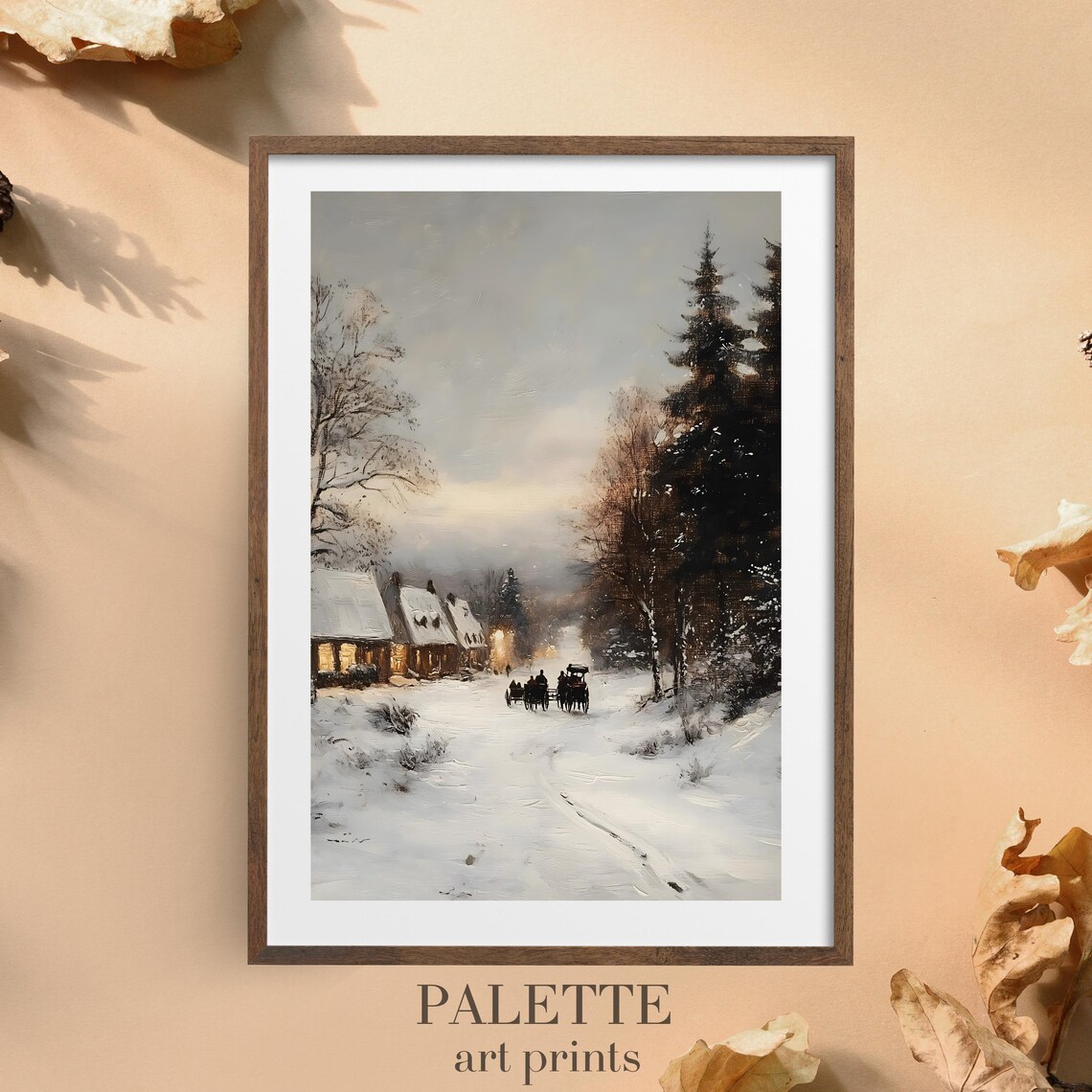 Horse Drawn Carriage Snowy Twilight Village Road Pines Painting Poster - Image 3