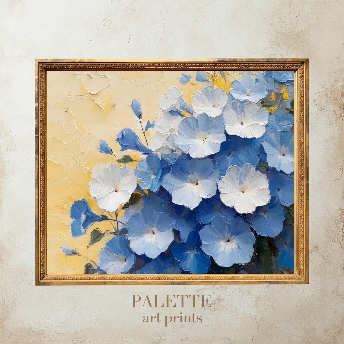 Blue White Blossom Bouquet Golden Background Impasto Floral Poster - Image 3