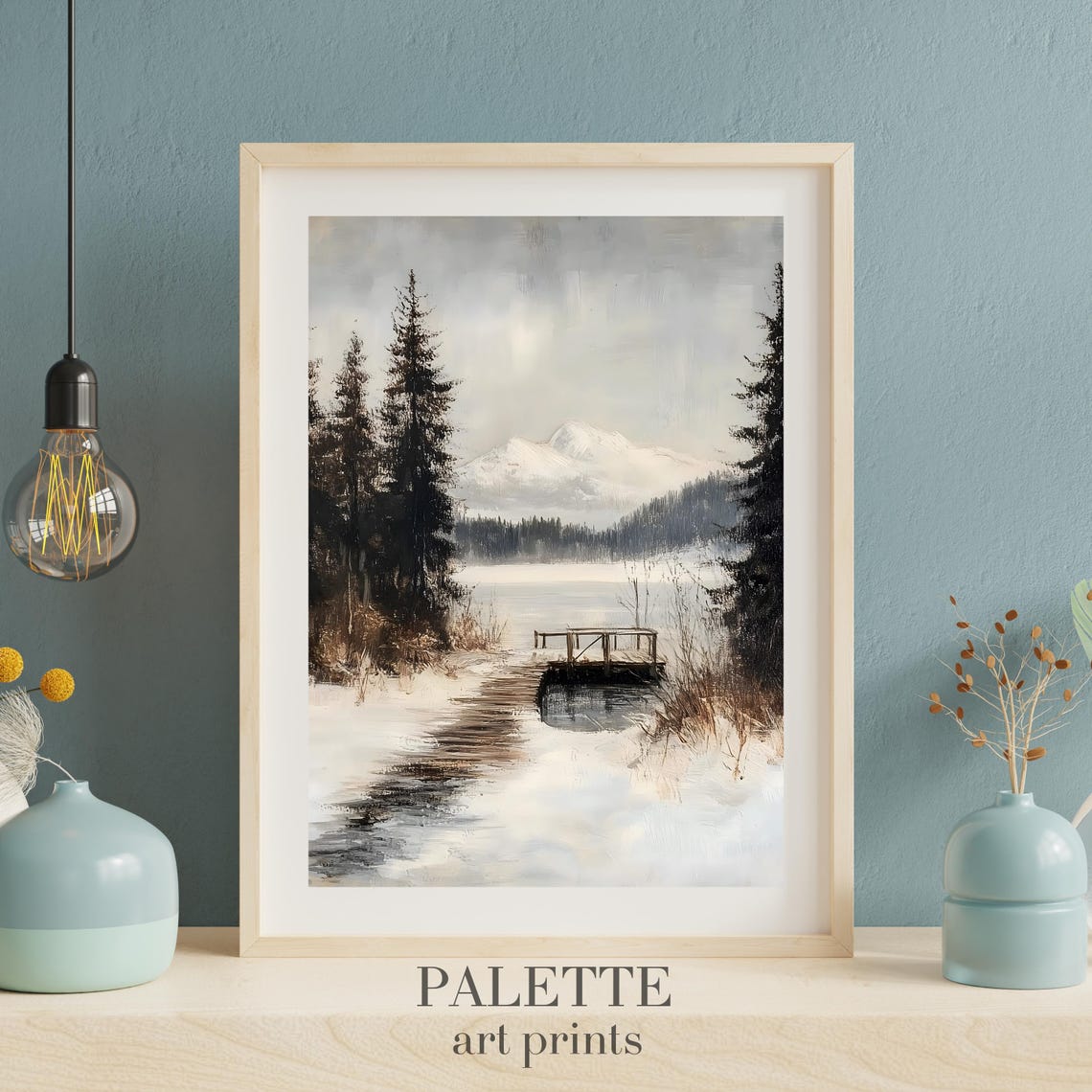 Frozen Lake Wooden Dock Snowy Pines Mountain Backdrop Painting Poster - Image 3