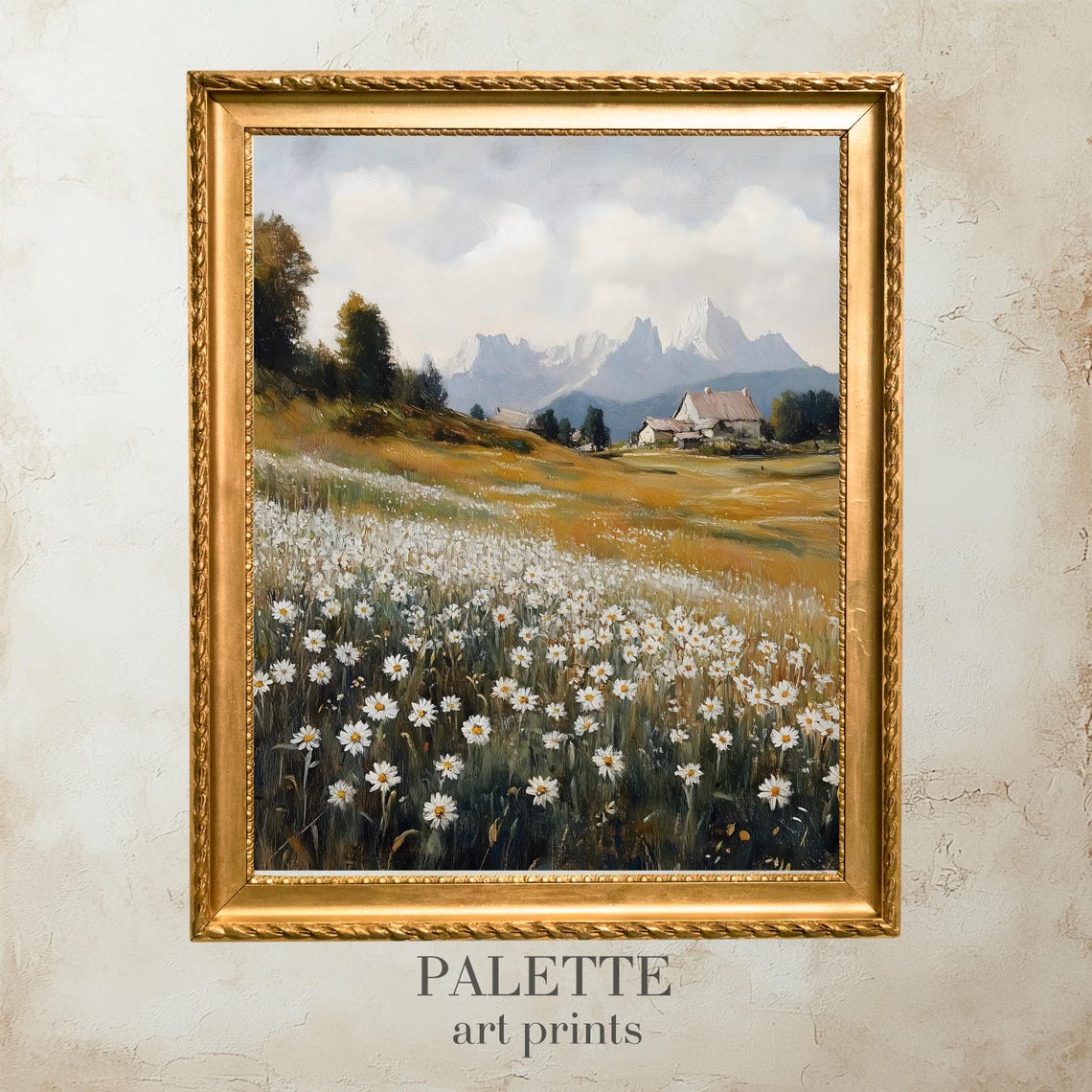 Daisy Field Country Cottage Mountain View Rustic Landscape Print