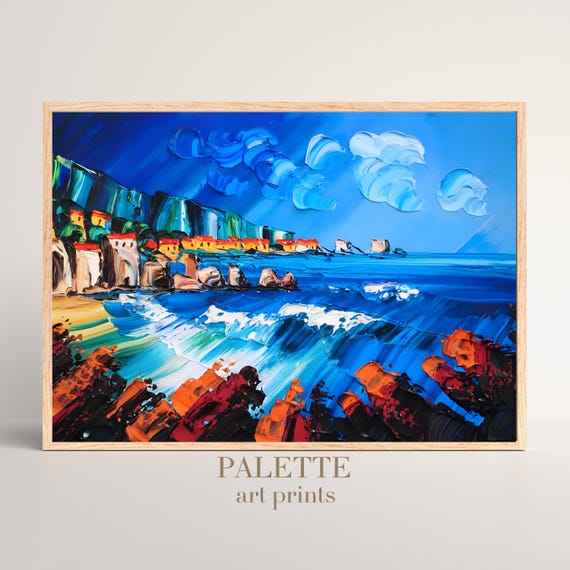 Blue Coastal Town And Waves Bold Colorful Acrylic Oil Painting Seascape Art For Bright And Vibrant Seaside Inspired Home Decor Txt012
