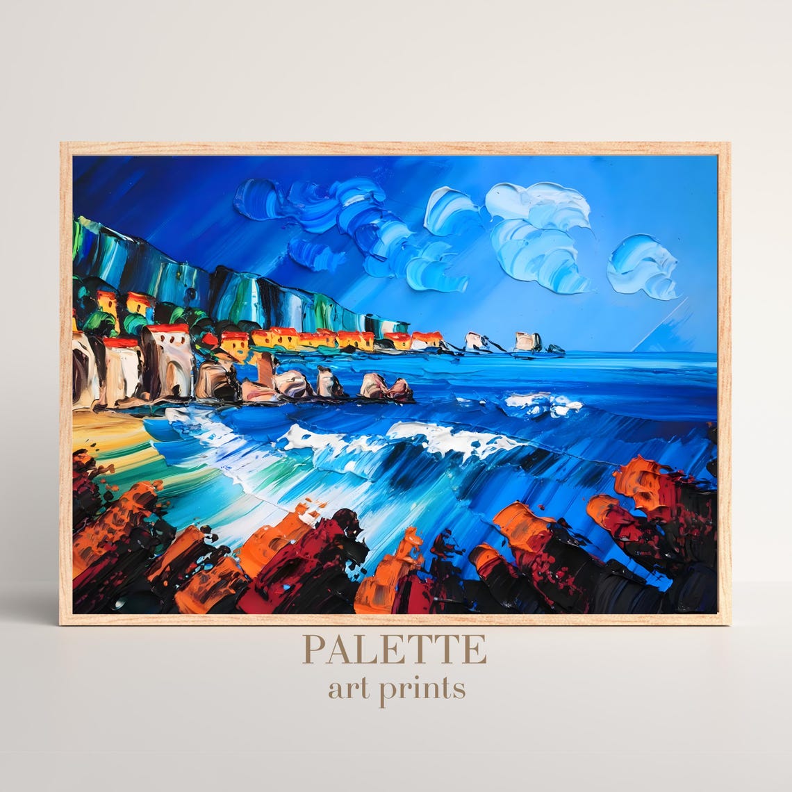 Blue Coastal Town Cliffs Above Crashing Waves Impasto Art Poster
