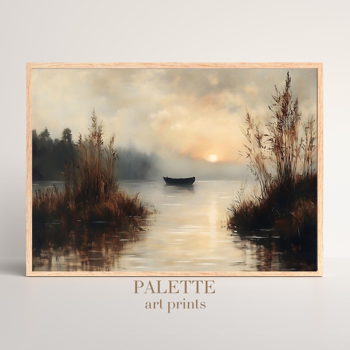 Lone Boat Misty Lake Sunrise Reeds Serene Waterscape Painting Poster - Image 3