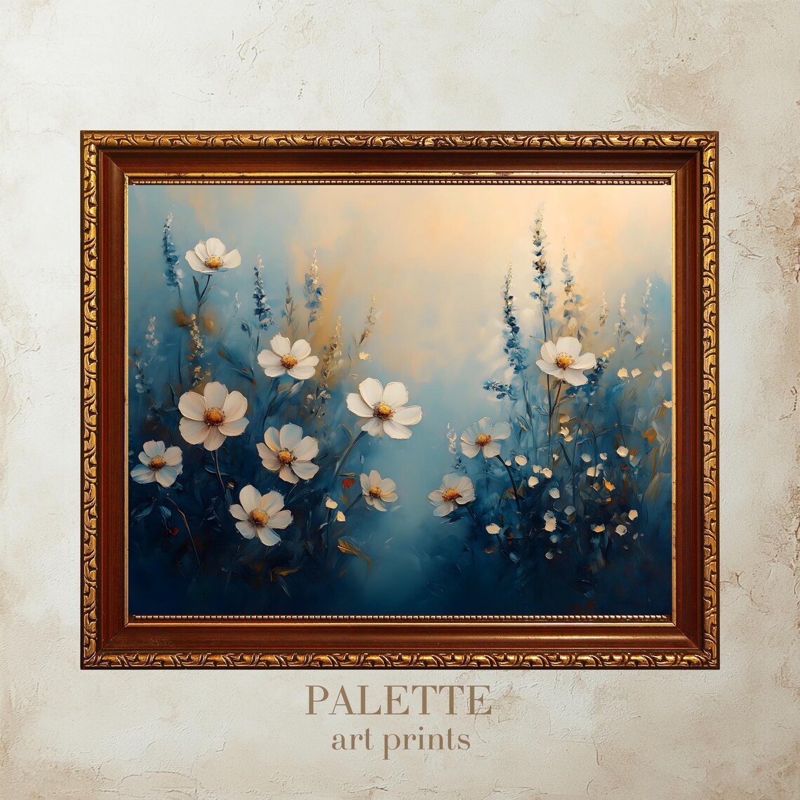 White Cosmos Flowers Dreamy Blue Floral Impasto Painting Poster