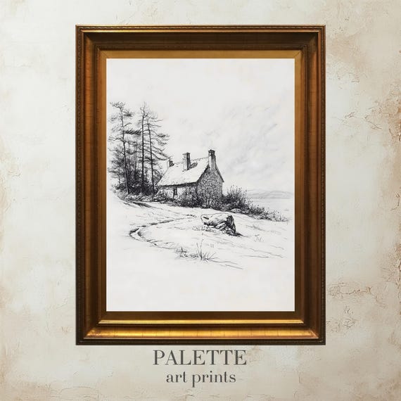Stone House Landscape Sketch Black White Sepia Minimalist Artwork For Rustic And Timeless Nature Inspired Wall Decor Skt003