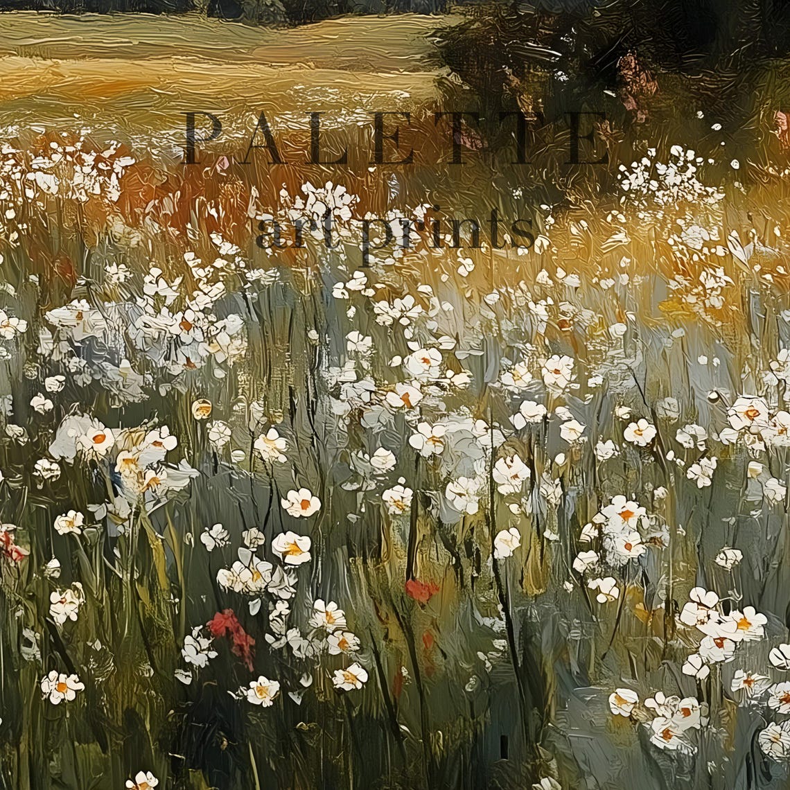 Daisy Meadow Mountain Lake Barn Distant Peaks Floral Landscape Poster - Image 2
