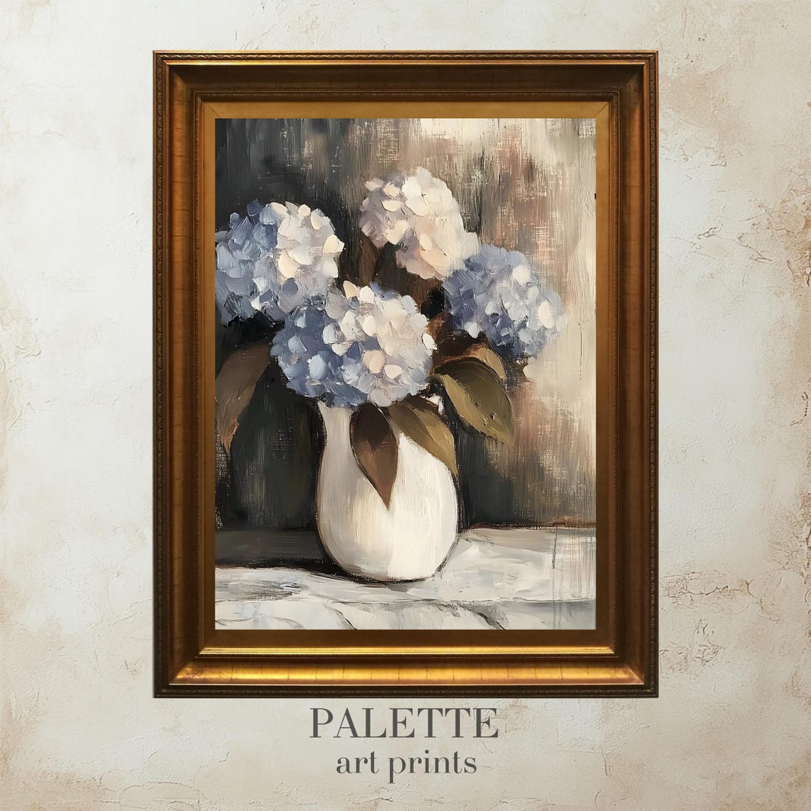 Blue Hydrangea White Vase Impressionist Floral Still Life Print