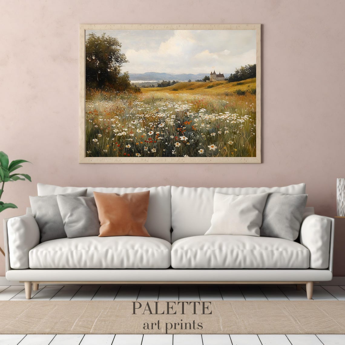 Wildflower Meadow with Distant Castle Rolling Hills Landscape Poster - Image 2