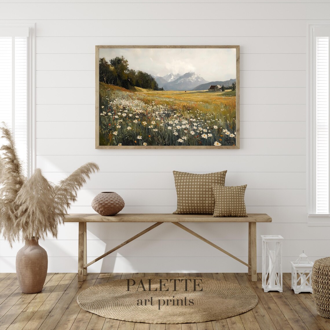 White Daisy Field Farmhouse Mountain Vista Country Landscape Poster - Image 2