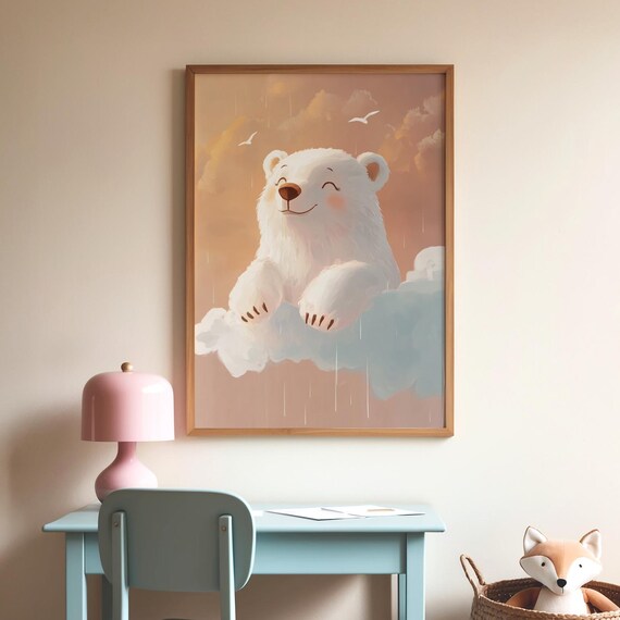 Cute Smiling Polar Bear Sitting on Soft Clouds Nursery Poster