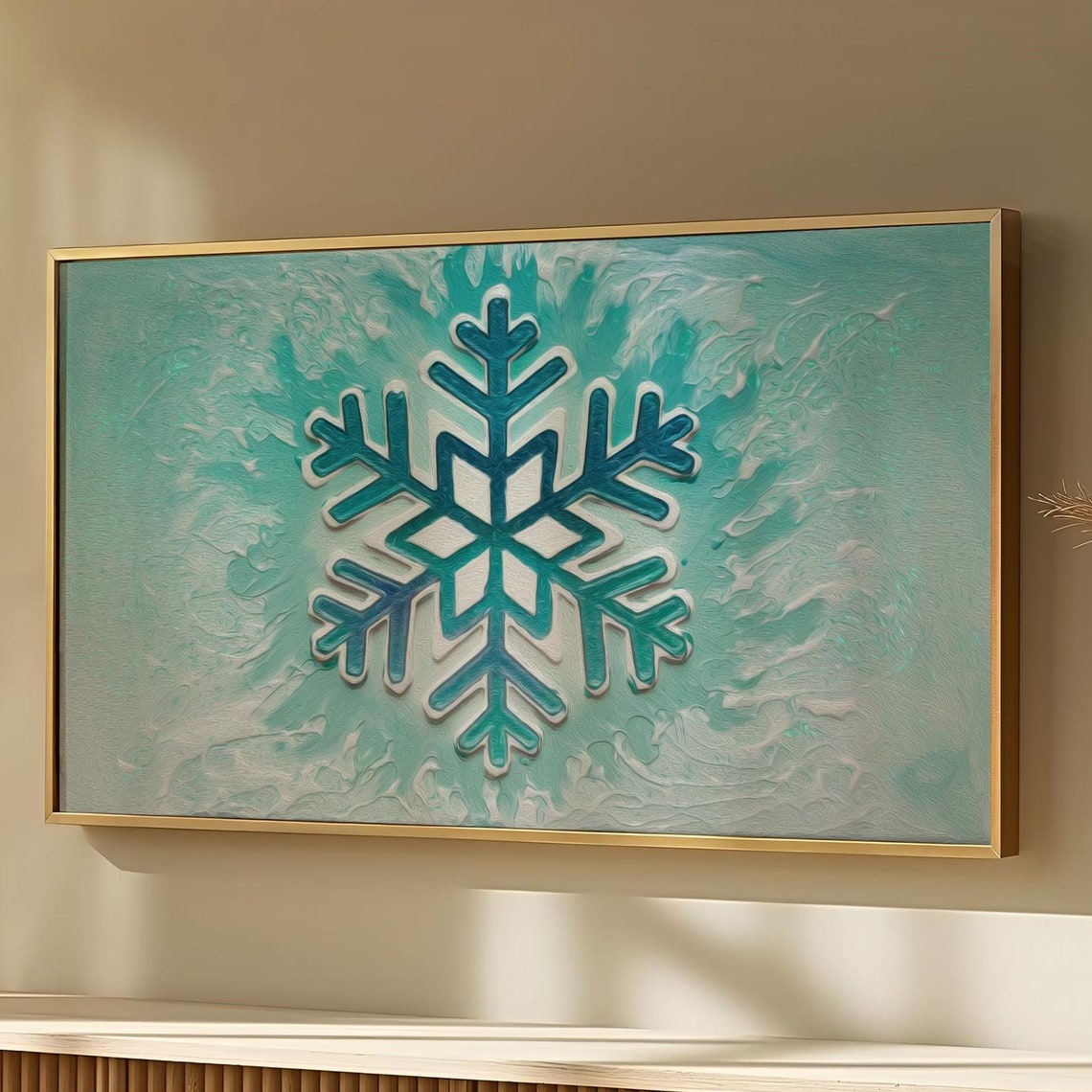 Teal Snowflake Textured Winter Christmas Abstract Painting Wall Art - Image 5