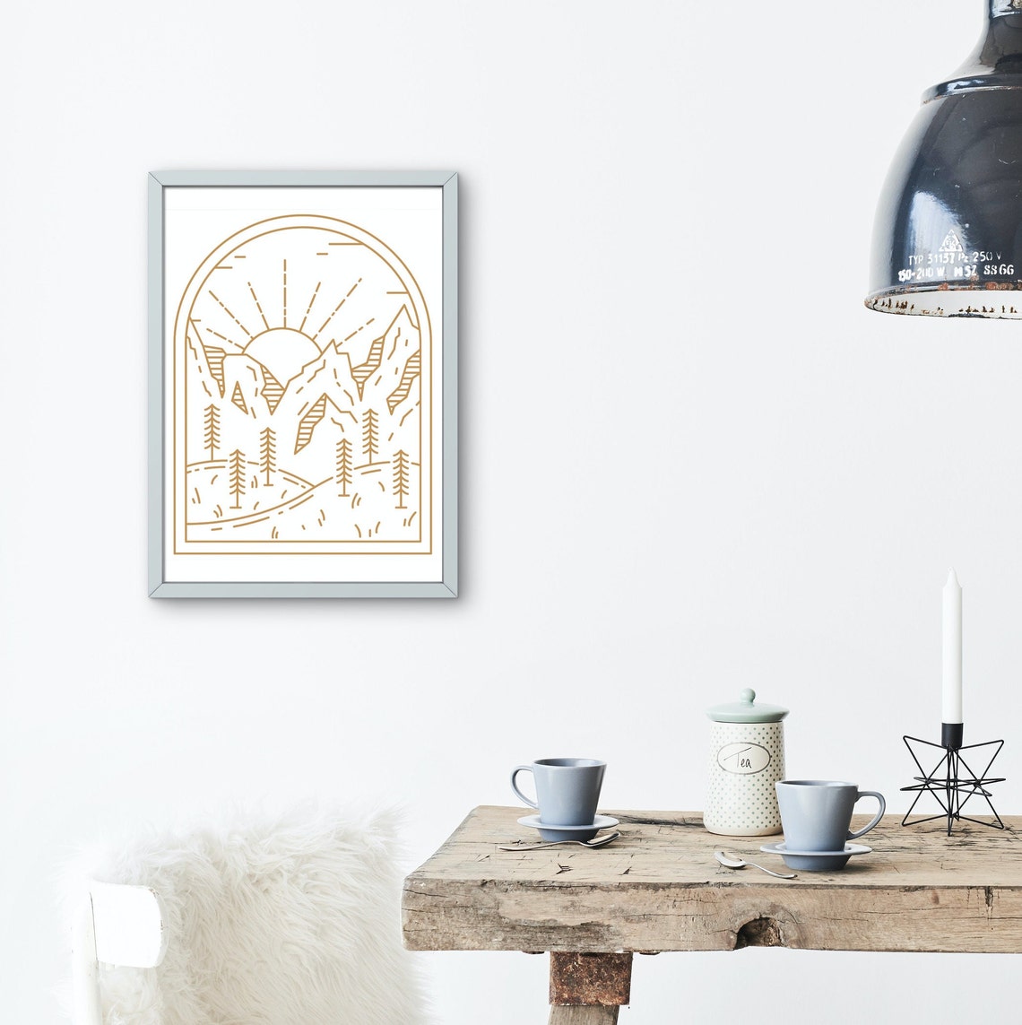 Golden Monoline Mountain Sunrise Arch Continuous Line Art Poster - Image 2