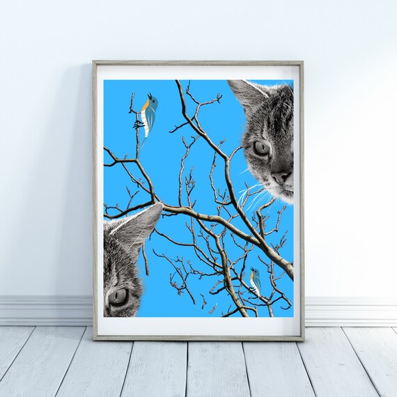 Curious Cat Watching Birds Poster Bold Blue Pop Art Collage Work