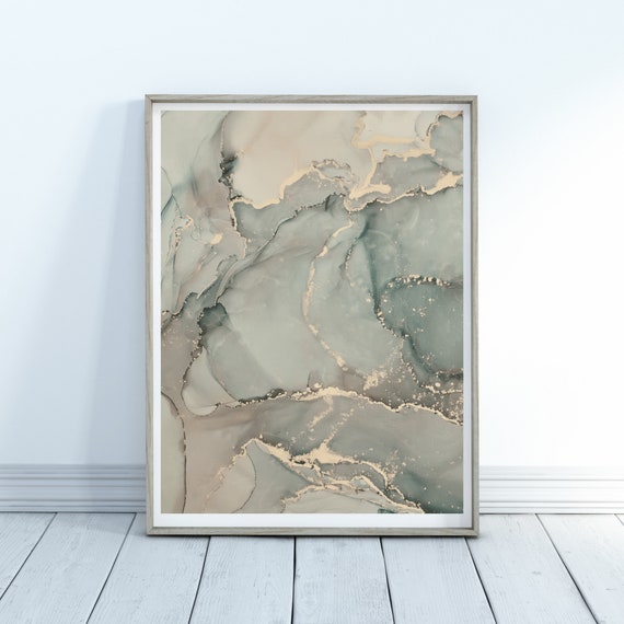 Abstract Liquid Ink Pastel Blue Gold Splash Home Decor Wall Art Wall Art Beige Art