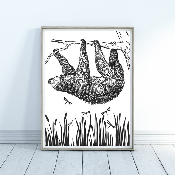 Hanging Sloth Line Art Poster Black And White Jungle Illustration