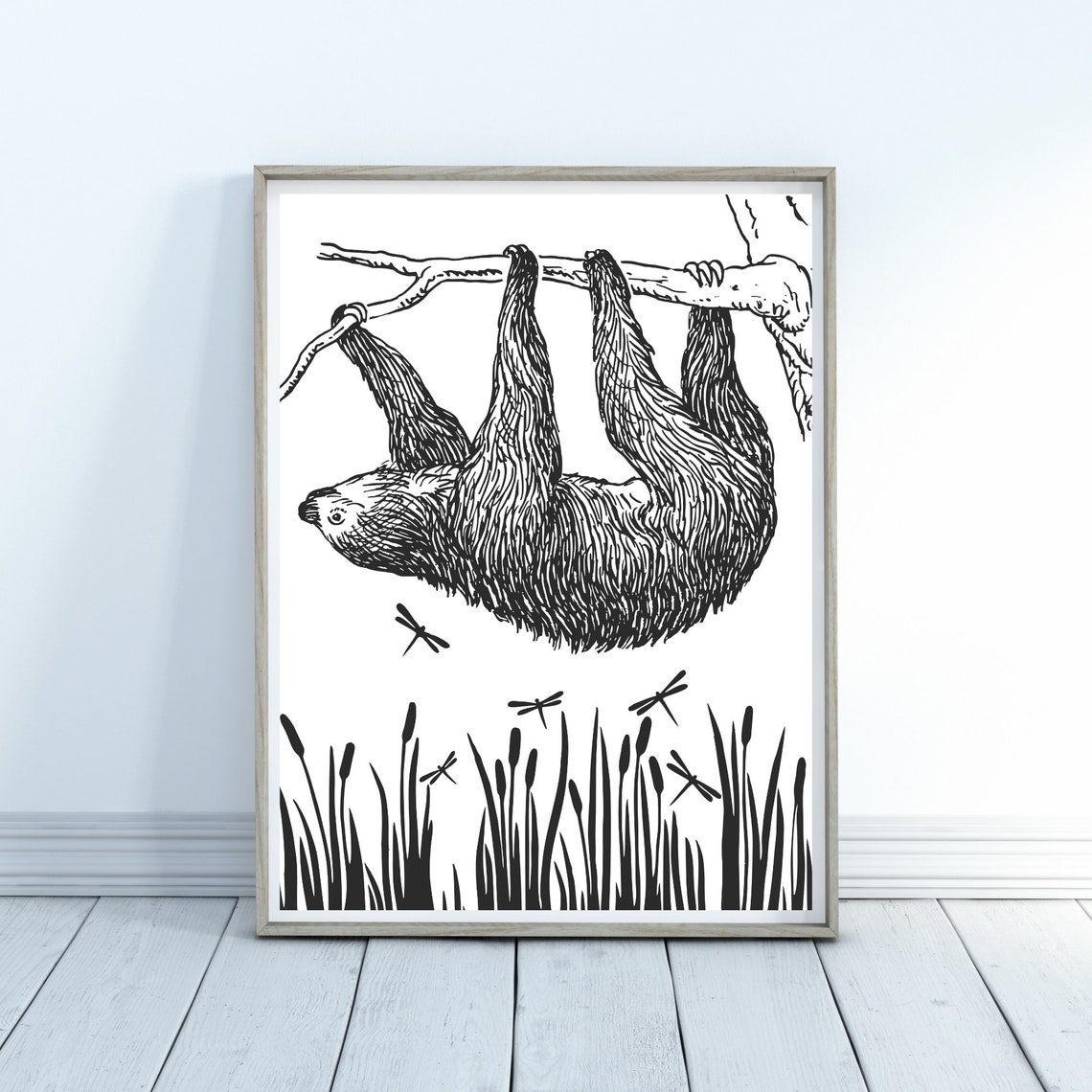 Hanging Sloth Line Art Poster Black And White Jungle Illustration