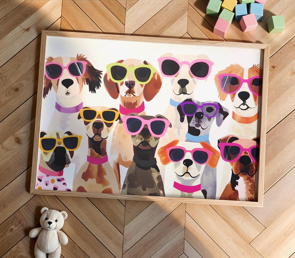 Colorful Funny Dog Portrait, Kids Room Art Print