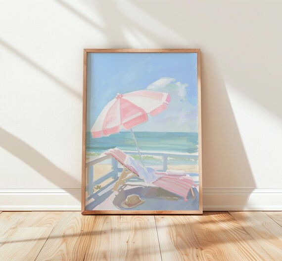 Pink Beach Umbrella Deck Chairs Pastel Coastal Watercolor Poster