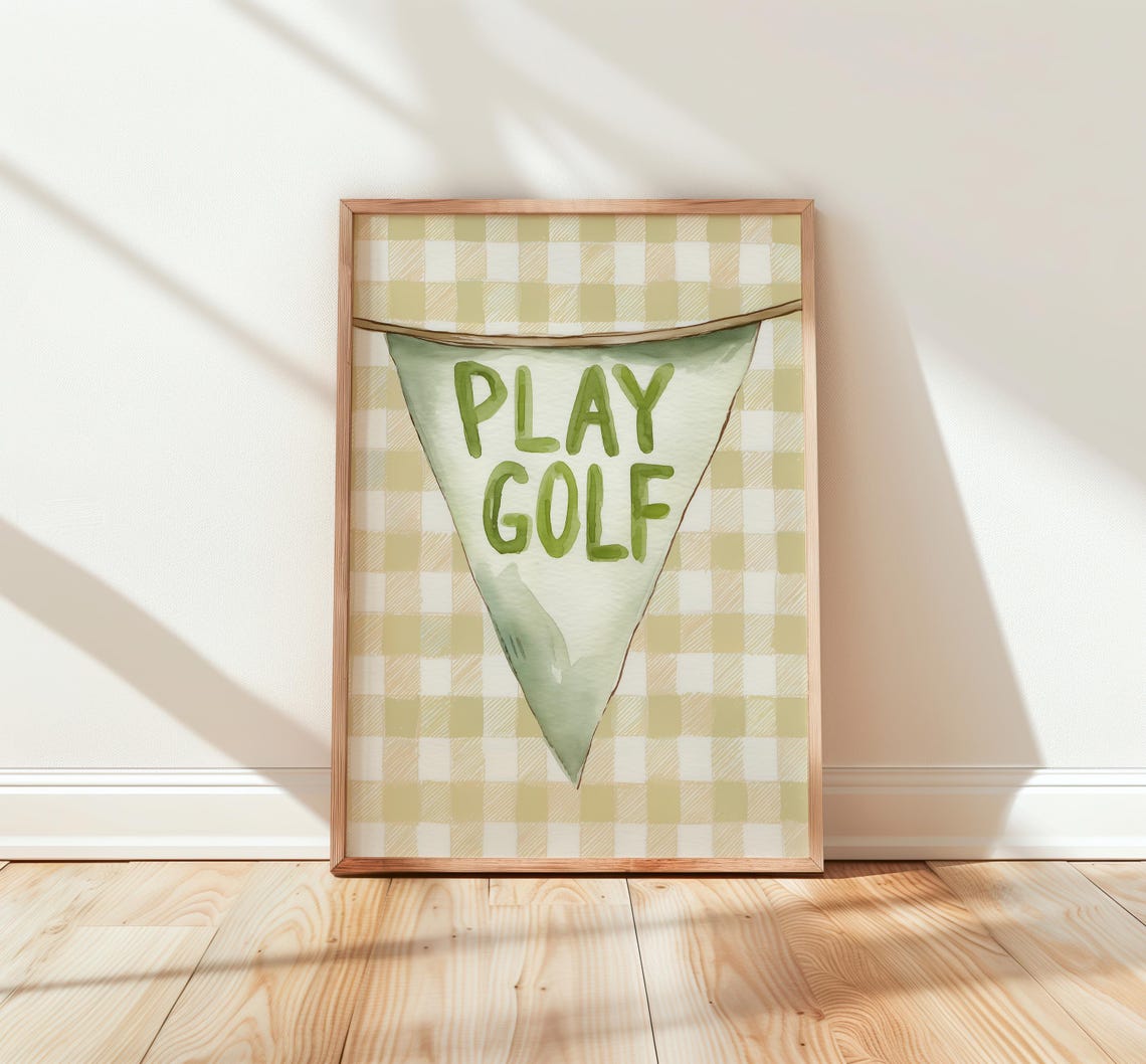 Play Golf Pennant Flag Gingham Watercolor Rustic Sports Bar Print